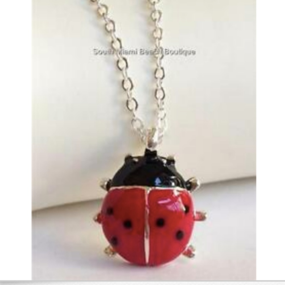 Silver Plated Ladybug Necklace 18" Red Black Enamel Pendant Insect Jewelry Bug